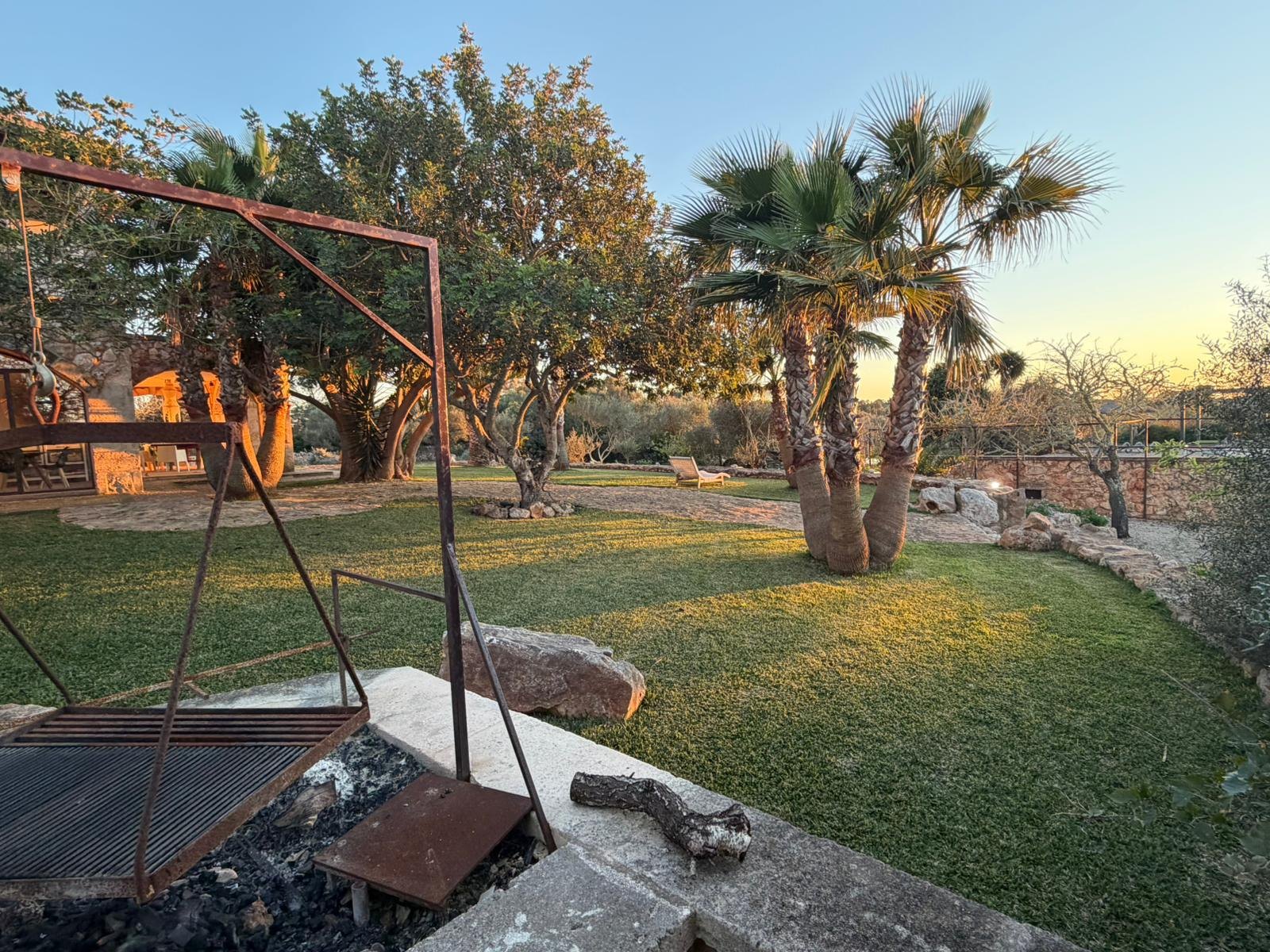 Garten der Finca mit Palmen im Abendlicht