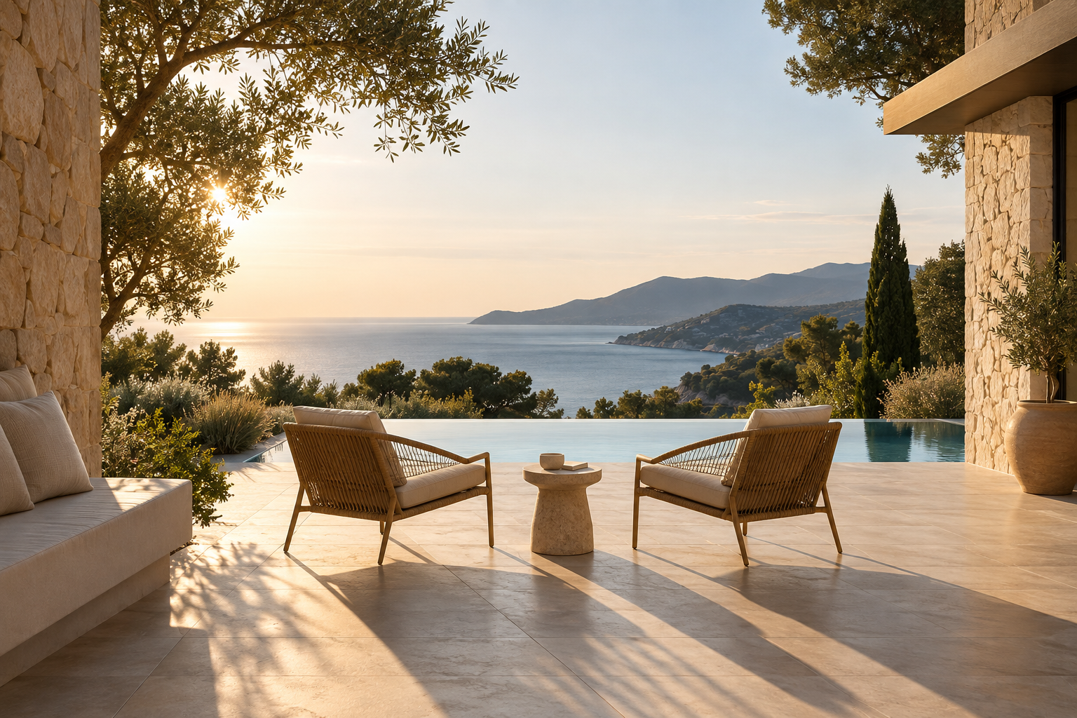 Zwei Sessel auf einer mediterranen Terrasse mit Blick aufs Meer